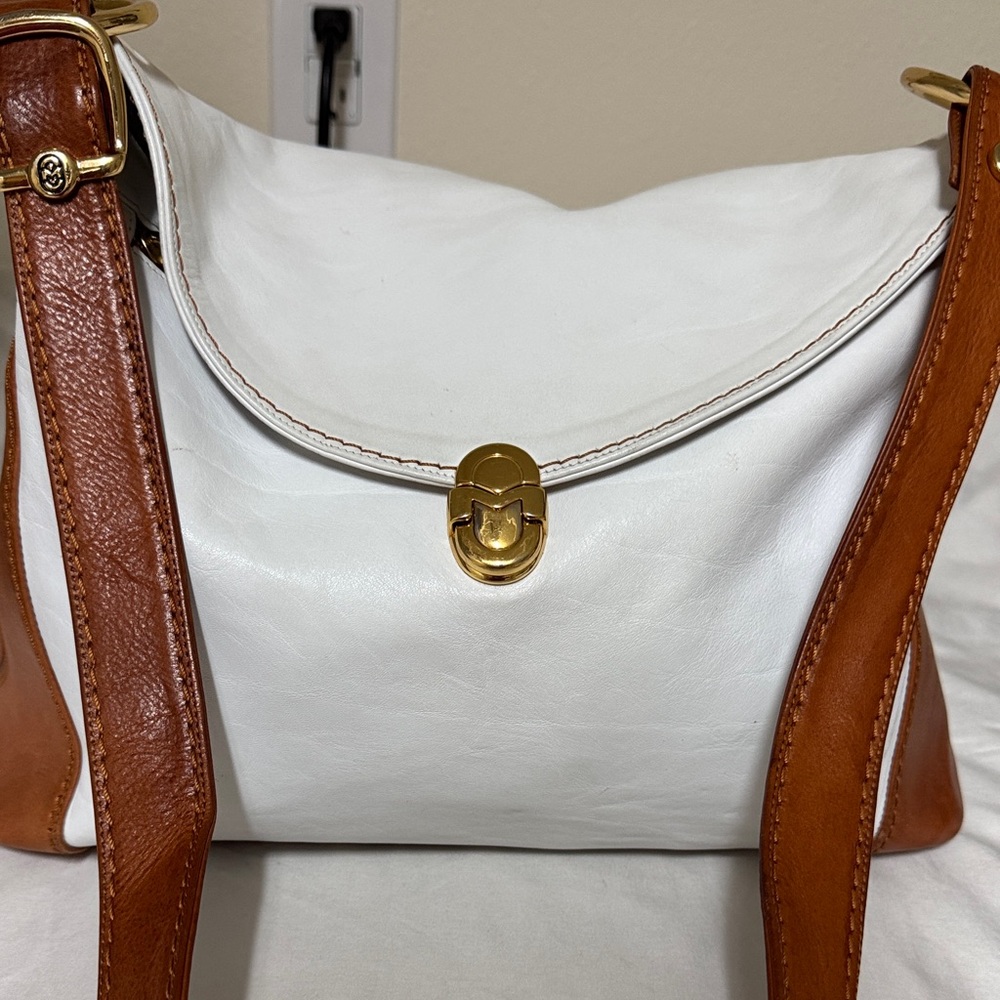 Marino Orlandi White and Brown Leather Shoulder Bag with Gold Hardware
